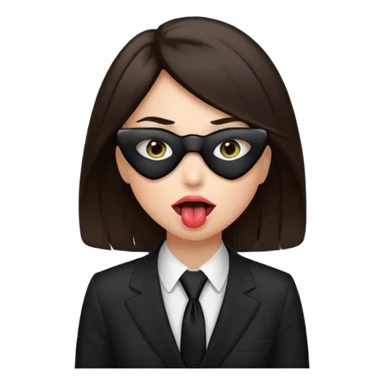 woman with dark brown hair wearing black tie over eyes with tongue out sticker
