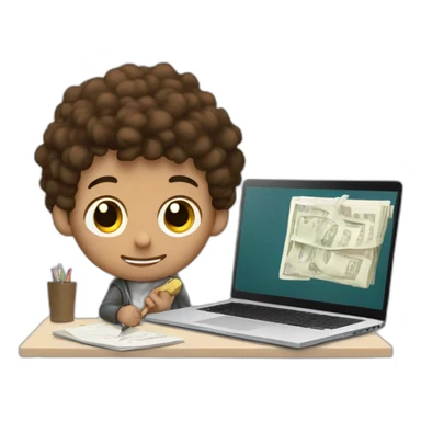 a boy with textured brown hair, with one hand writing on a Windows laptop, and with the other hand holding a stick, and who has money and a notebook on his desk sticker