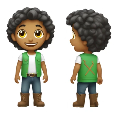 Un niño con el pelo rizado y moreno, con los ojos verdes y una sonrisa que le falta un diente tiene varias pecas por la cara y va vestido con un peto vaquero y una camiseta por dentro del peto, de color blanca. sticker