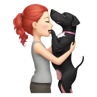 Girl with red hair kissing big black pitbull dog, pink hearts sticker