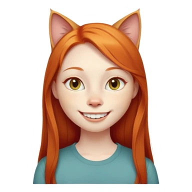 traditional emoji of young girl with very pale skin, long straight bright ginger red hair, cat-like almond-shaped eyes that are angled upward, wide flat nose, big smile with very large prominent teeth showing, classic round face sticker