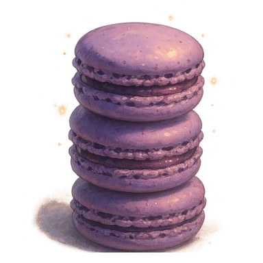 realistic Ghibli style stack of purple macarons, dreamy lighting, whimsical and delicious sticker