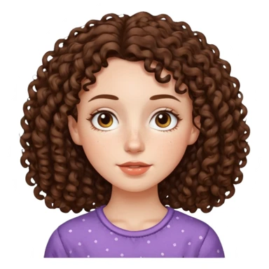 White girl with dark brown long 2C curly hair, brown almond shape eyes, small wide nose, natural lips. Cute clothnig sticker