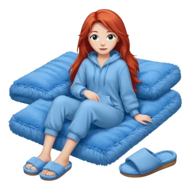 young woman with long red hear wearing comfy lounging outfit, wearing blue fuzzy slippers sticker