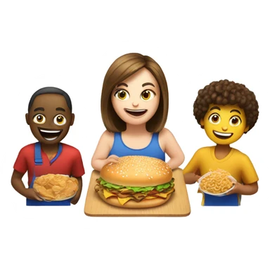 An emoji representing a food competition with three participants: a large person, a medium-sized person, and a small person, all competing in a fun and lively eating contest sticker