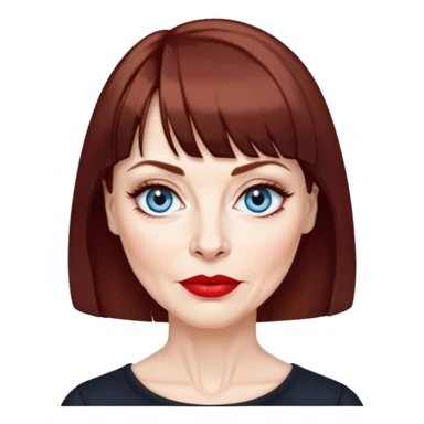 Woman in her late 50s with pale skin, wider face, more pronounced wrinkles, blue eyes with eyeliner, thin eyebrows, small nose, red lipstick, dark auburn hair with bangs, wearing a black top sticker