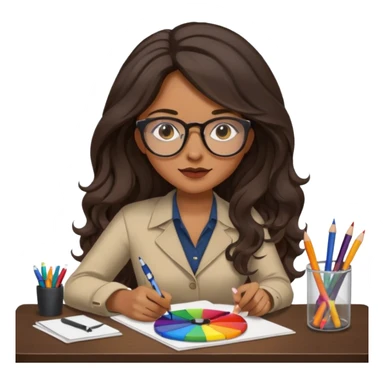 female dark wavy long hair graphic designer , color wheel, pens, papers , desktop sticker