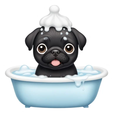 Happy adorable big eyes Black pug puppy with bath foam on top of his head sticker