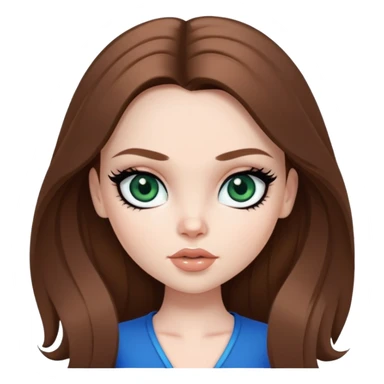 pretty bratz girl, long brown hair, dark green eyes, black eyeliner, pale skin, blue style sticker