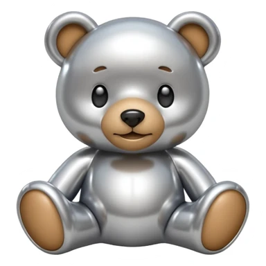 A cute teddy bear emoji made of liquid silver chrome, smooth rounded body, glossy metallic surface, soft reflections, friendly proportions, iOS emoji style, centered, clean white background sticker