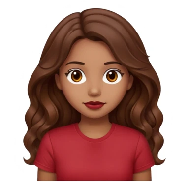 Very light brown girl with long wavy brunette hair and blush, wearing dark red tshirt sticker