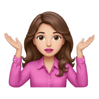 girl with long wavy brown hair, brown eyes, light to medium complexion, in a pink shirt, pink lips, long lashes, puckered lips, both hands all the way up with hands up to the sky sticker