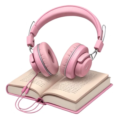  pink pair of modern headphones resting on top of a closed book, soft shadows, realistic style, calm and cozy mood, isolated on transparent background sticker