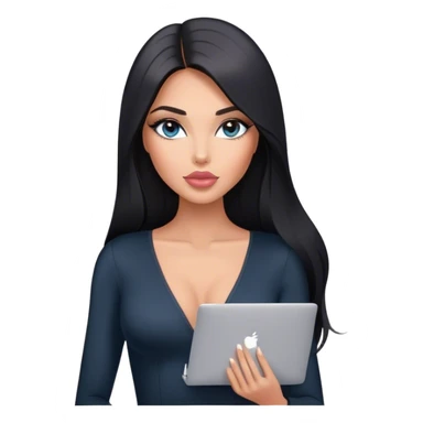 Glamours, tanned, very beautiful girl, with big pump peach-beige-rose lips, long lashes, black straight smooth silky long hair, straight parting hair, blue-grey eyes, in black v-neck bodysuit holding MacBook sticker