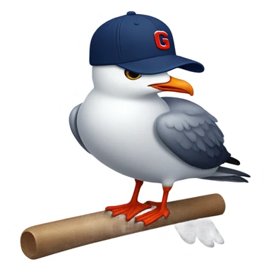 Seagull with wearing navy color baseball cap emblazoned with a red G initial sticker