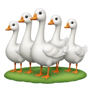 9 white geese standing on a green hill, front view, foggy sticker