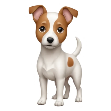 a fully white jack russell the size of a kelpie with floppy ears and a half white face sticker