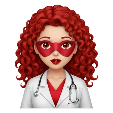 Sensual Spanish Lilith core evil surgeon.red outfit.  Surgeon has red eyes. Her hair is BROWN. Hair is also  long and  curly. wearing a sexy surgeon outfit with platform heels.she is a calculated smart cereal killer. She covers only her mouth and nose to hide identity  sticker