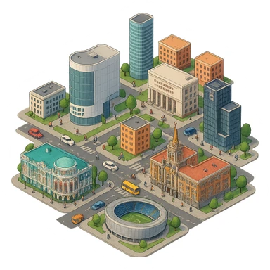 Изометричная миниатюрная фотореалистичная 3D модель Екатеринбурга - Дом Севастьянова, Ельцин-центр, Уральский федеральный университет, дома, Екатеринбург Арена, Штаб-квартира Русской медной компании, Здание Свердловского городского совета народных депутатов, четкие линии, яркие цвета, мультяшный реализм, люди, автотранспорт, компактная композиция, вид сверху в изометрии, прозрачный фон sticker