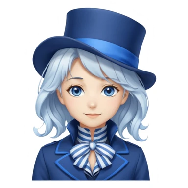 Beautiful gorgeous anime lady with white wavy hair with thin blue stripes, blue eyes, blue short top hat, smug grin, blue coat, blue cravat, white gloves sticker