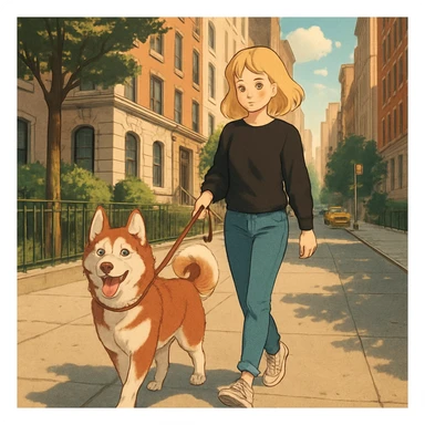 Cute Blonde woman wearing a black sweater and jeans and white sneakers walking a happy red-brown blue-eyed Siberian husky in New York City on an upper east side city sidewalk  sticker