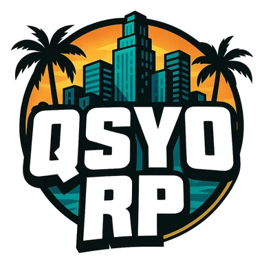 logo for GTA V roleplay server with the text 'QSYO RP', inspired by Grand Theft Auto V style, bold, urban, dynamic, with a cityscape or palm trees, vibrant colors, modern gaming vibe sticker