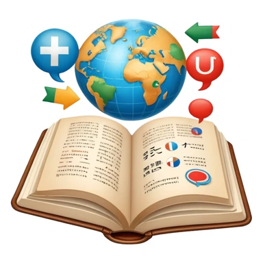 An icon featuring an open book with speech bubbles showing different alphabets—Latin, Cyrillic, Kanji. A globe and translation arrows symbolize global communication and language learning. Transparent background highlights cultural exchange and linguistic diversity. sticker