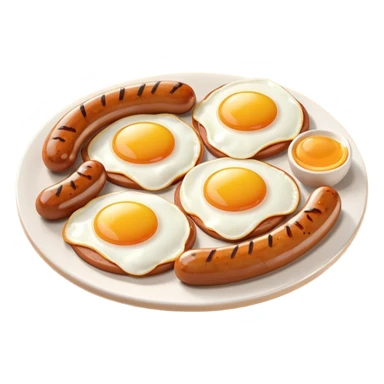 sausage and eggs object icon, fried eggs with sunny yolks, grilled sausages, warm breakfast vibe, delicious food presentation, 3D cartoon style, mobile game icon style, centered, clean background, no text, no watermark
 sticker