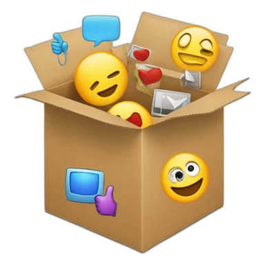Video icons, camera, logos, likes, thumbs up, marks, views, coverage, applause fly out of a Cardboard box sticker
