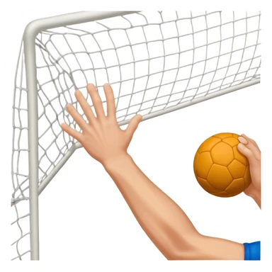 A close-up of a hand gripping a handball, with the handball gates visible in the background. The focus is on the texture of the ball and the strength of the grip, with the goal net slightly blurred to emphasize the anticipation of the throw. sticker