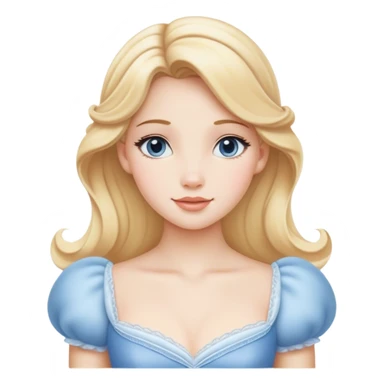 Cinematic Serene Cinderella Portrait Emoji, rendered in a realistic, vector-style with minimal shading. Depict a gentle Cinderella (chest and above) with porcelain skin, smooth blonde hair falling in soft waves, and calm, inviting eyes. Dressed in her modest daytime dress, she exudes quiet grace and pure enchantment, highlighted by a soft glowing outline. sticker