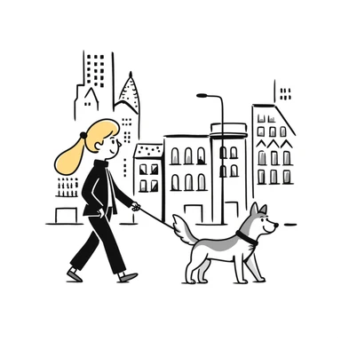 Blonde woman walking a happy Siberian husky in New York City on an upper east side city sidewalk  sticker