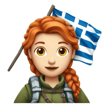red hair female winter mountaineer offering Easter eggs and Greek flag sticker