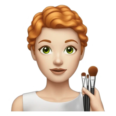 Ginger short hair, White woman with makeup brushes in hand, green eyes sticker