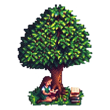 a girl reading a book beneath a tree, pixel art style sticker