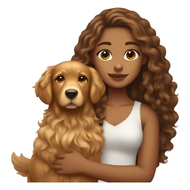 Tan skinned girl with  long brown curly hair with a golden retriever puppy sticker