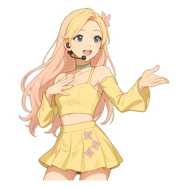 Fluttershy reimagined as a human K-pop idol, performing on stage, transparent background sticker