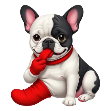 Black and white Bouledogue français eating a red sock  sticker