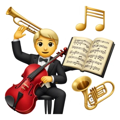 Create a sophisticated and elegant emoji that represents orchestration and arrangement. The design should feature a conductor’s baton, musical notes, and a symphonic score, symbolizing the process of arranging and orchestrating music. Incorporate instruments like a violin, trumpet, and piano keys subtly in the background, representing different sections of the orchestra. Use classical and refined colors such as gold, deep red, and black to evoke the grandeur and precision of orchestration. The background should be transparent. sticker