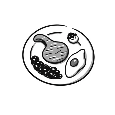 A plate with various protein foods arranged neatly: meat, egg, beans, tofu, and yogurt. sticker