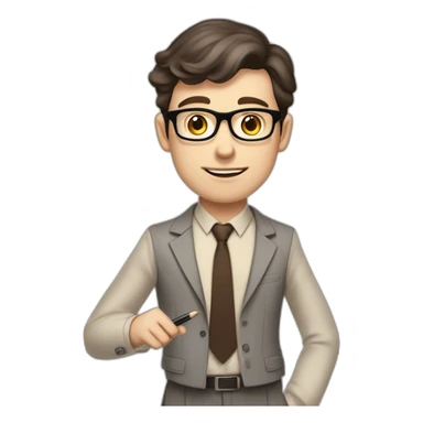 Pale skinned fit man with dark brown hair in gray jacket, beige office shirt, brown tie, brown pants and vintage glasses Writing on the flipchart sticker