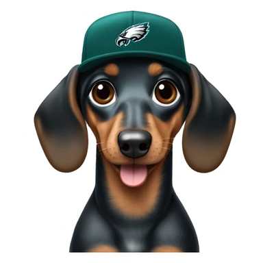 Miniature Blue and Tan Dapple Dachshund wearing Philadelphia Eagles Hat with C on it sticker