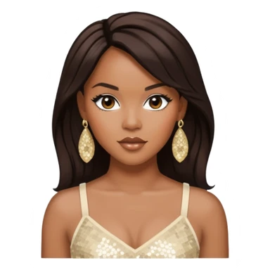 LeToya Luckett with long dark brown hair, ivory sequin crop top, ivory earring sticker
