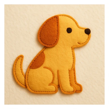 Minimal felt appliqué icon of a dog with soft, handcrafted felt look, lightly padded forms, simple shapes, clean outlines, medium-thickness orange or brown stitched edge, soft matte felt texture, warm yellows, oranges, and browns, small round eyes, simple nose, minimal mouth, subtle shadows, soft lighting, front or side profile, neutral off-white background sticker