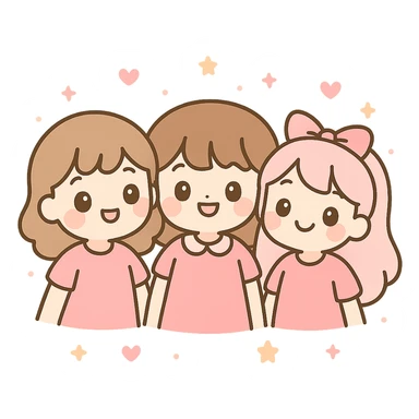 three girl best friends, cute cartoon style, top half of their bodies visible, all wearing pink, smiling, cheerful expressions sticker