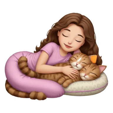 girl with wavy long brown hair, brown eyes, light to medium complexion, long lashes, light pink lipstick, smiling, wearing light pink shirt, sleeping on a cozy pillow, with brown tabby cat, sleeping sticker