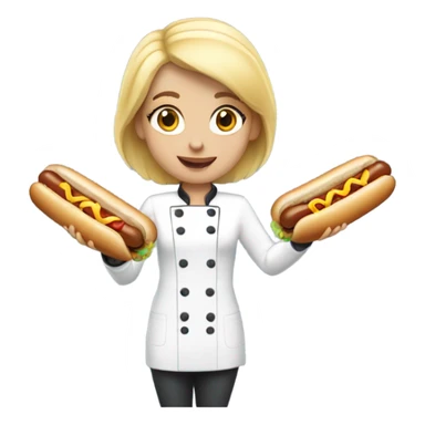 Female chef with blonde hair holding a hotdog sticker