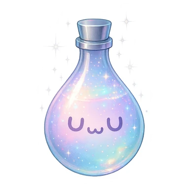 drop-shaped luxurious elixir bottle with a cute 'UwU' face, pastel color, iridescent and silver details, intense magical glowing and sparkling effects, very small neck, seamless bottom, transparent background, floating, no base or shadow, modern, matching a collection sticker