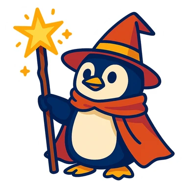 cute penguin wizard with magical staff, wearing a pointed hat, fantasy style sticker