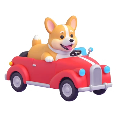 Make the corgi driving the car 10% more realistic with slightly more detail and texture, while keeping it playful and stylized in the 3D emoji style. sticker